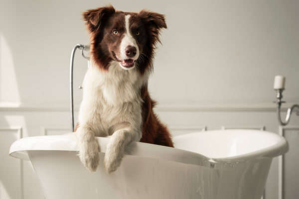 Spa canino em um banheiro pequeno